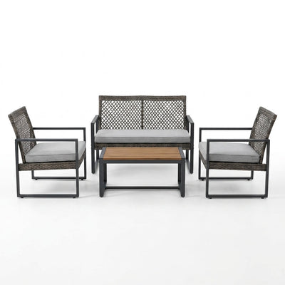 Patio Conversation Set Built for Outdoor Entertaining, 4-Piece Wicker, Acacia Wood Table, Grey Cushions