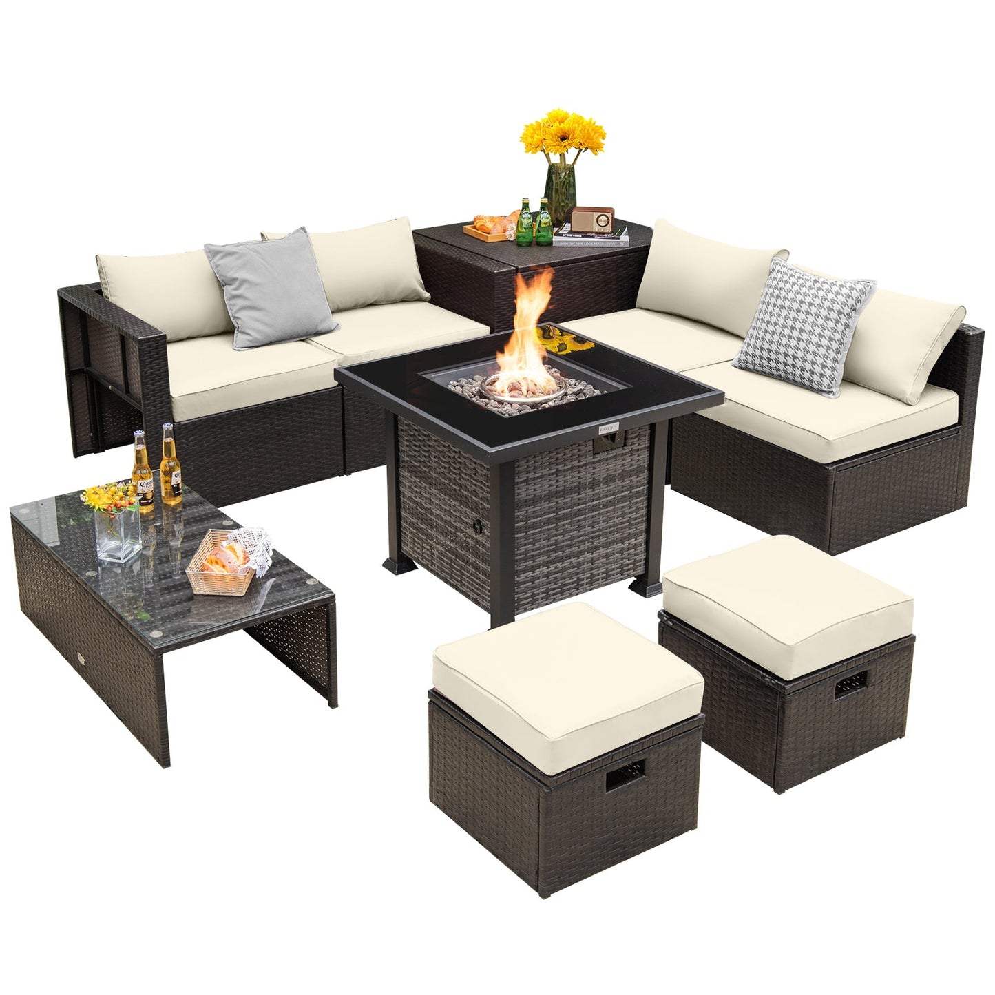Outdoor 9 Pieces Patio Furniture Set with 50 000 BTU Propane Fire Pit Table
