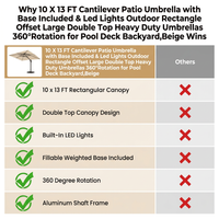 10 X 13 FT Cantilever Patio Umbrella with Base Included & Led Lights Outdoor Rectangle Offset Large Double Top Heavy Duty Umbrellas 360°Rotation for Pool Deck Backyard,Beige — Comparison