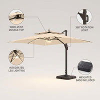 10 X 13 FT Cantilever Patio Umbrella with Base Included & Led Lights Outdoor Rectangle Offset Large Double Top Heavy Duty Umbrellas 360°Rotation for Pool Deck Backyard,Beige — infographic