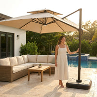 10 X 13 FT Cantilever Patio Umbrella with Base Included & Led Lights Outdoor Rectangle Offset Large Double Top Heavy Duty Umbrellas 360°Rotation for Pool Deck Backyard,Beige — Lifestyle