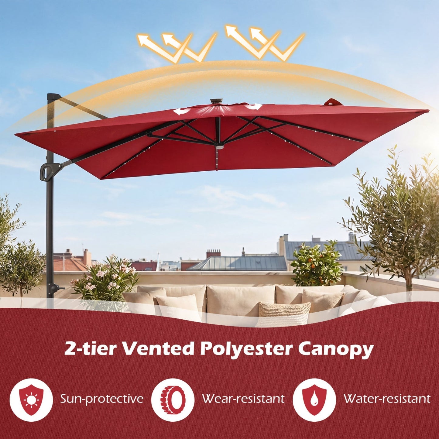 10 FT Cantilever Patio Umbrella with Solar LED Lights & Base
