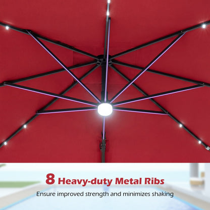 10 FT Cantilever Patio Umbrella with Solar LED Lights & Base
