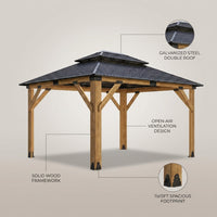 11X13Ft Wood Gazebo, Outdoor Wooden Gazebo with Glavanized Steel Double Roof, Hardtop Gazebos for Garden, Patio, Deck, Backyard — infographic