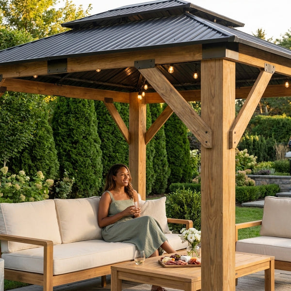 Wood Gazebo Built for Outdoor Living, 11X13 Ft Cedar Frame, Galvanized Steel Roof, Double Layer Ventilation
