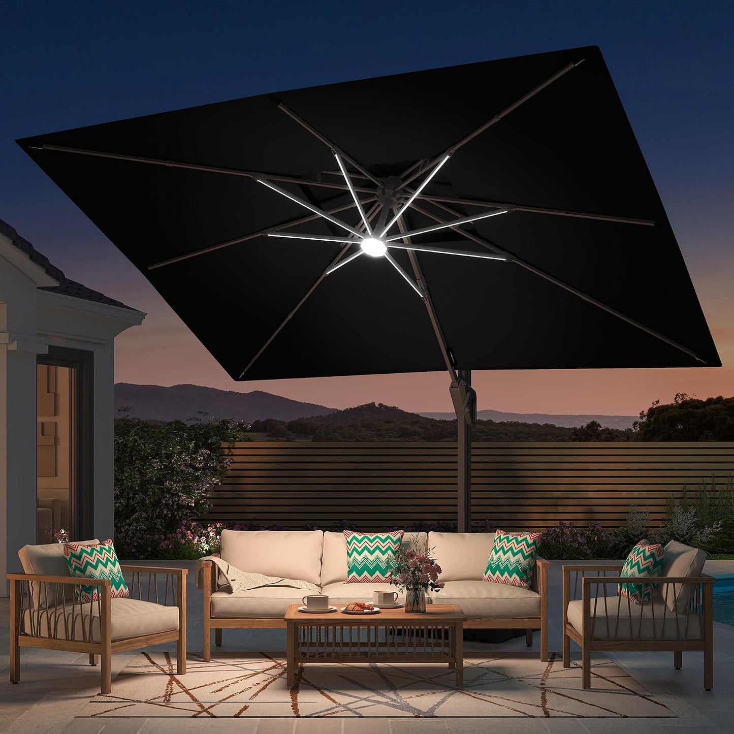 9' X 12' Patio Umbrella with LED Lights Outdoor Cantilever Large Rectangle Offset Umbrellas Heavy Duty Aluminum Double Top with 360-Degree Rotation for Pool Garden Deck, Black