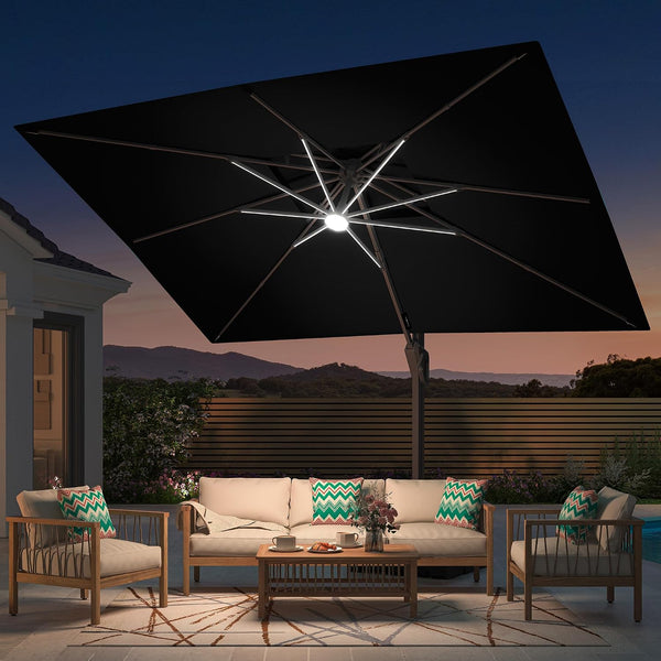 9' X 12' Patio Umbrella with LED Lights Outdoor Cantilever Large Rectangle Offset Umbrellas Heavy Duty Aluminum Double Top with 360-Degree Rotation for Pool Garden Deck, Black