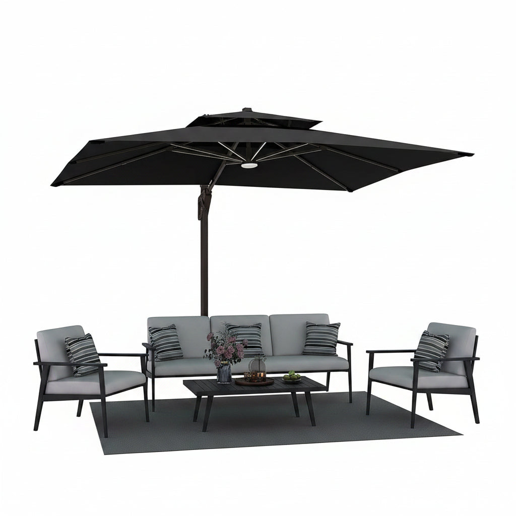 9' X 12' Patio Umbrella with LED Lights Outdoor Cantilever Large Rectangle Offset Umbrellas Heavy Duty Aluminum Double Top with 360-Degree Rotation for Pool Garden Deck, Black