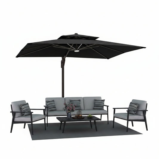 9' X 12' Patio Umbrella with LED Lights Outdoor Cantilever Large Rectangle Offset Umbrellas Heavy Duty Aluminum Double Top with 360-Degree Rotation for Pool Garden Deck, Black
