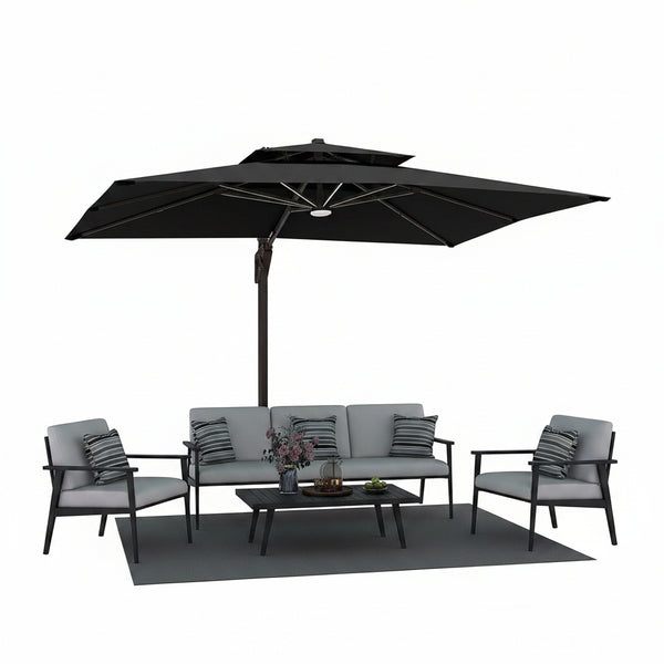 9' X 12' Patio Umbrella with LED Lights Outdoor Cantilever Large Rectangle Offset Umbrellas Heavy Duty Aluminum Double Top with 360-Degree Rotation for Pool Garden Deck, Black