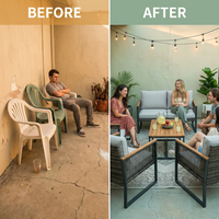 4-Piece Wicker Patio Conversation Set with Cushion, Outdoor Patio Furniture Set with Wood Table Top-Grey Cushions — Before & After