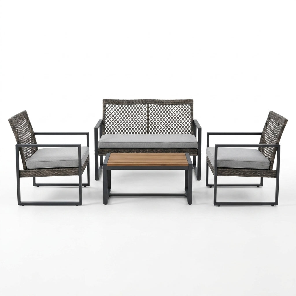 4-Piece Wicker Patio Conversation Set with Cushion, Outdoor Patio Furniture Set with Wood Table Top-Grey Cushions — Studio Shot