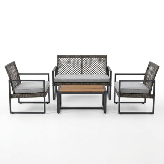 4-Piece Wicker Patio Conversation Set with Cushion, Outdoor Patio Furniture Set with Wood Table Top-Grey Cushions — Studio Shot