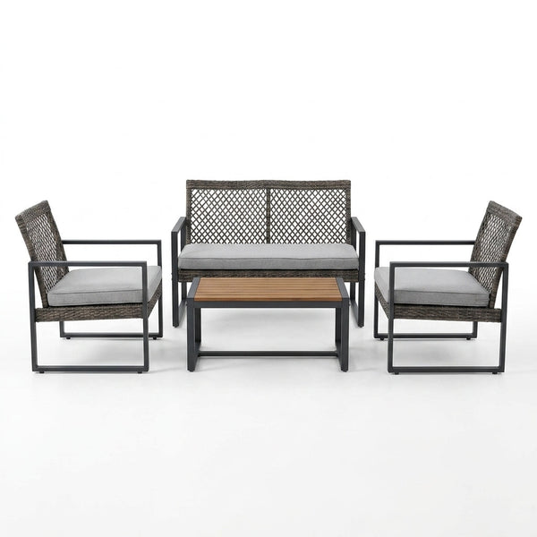 4-Piece Wicker Patio Conversation Set with Cushion, Outdoor Patio Furniture Set with Wood Table Top-Grey Cushions — Studio Shot