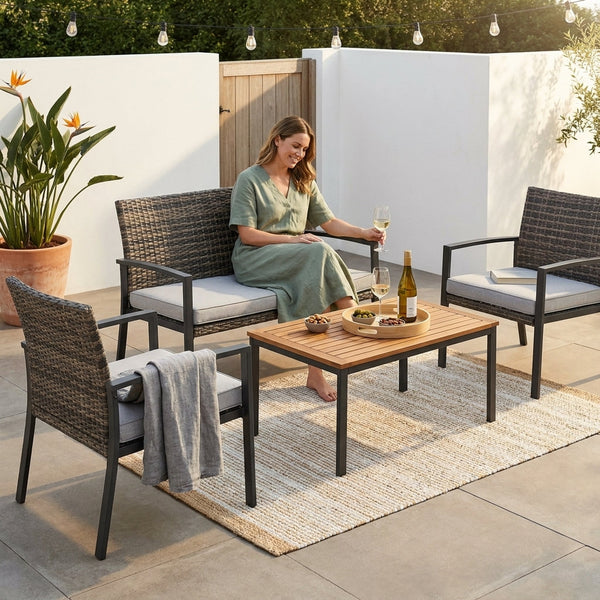 Patio Conversation Set Built for Outdoor Entertaining, 4-Piece Wicker, Acacia Wood Table, Grey Cushions