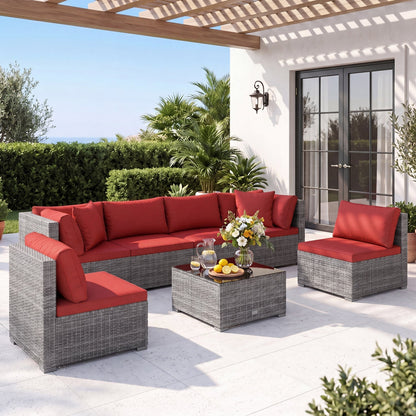 7-Piece Patio Conversation Set with Glass Table & Cushions