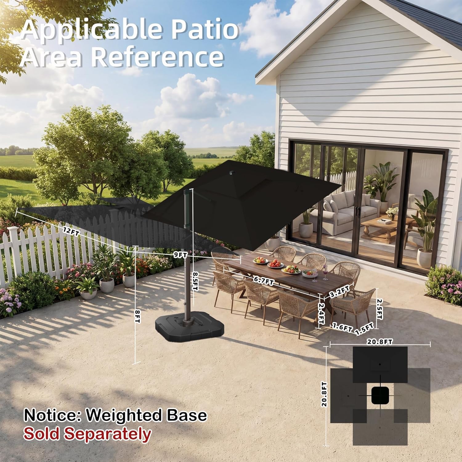 9' X 12' Patio Umbrella with LED Lights Outdoor Cantilever Large Rectangle Offset Umbrellas Heavy Duty Aluminum Double Top with 360-Degree Rotation for Pool Garden Deck, Black