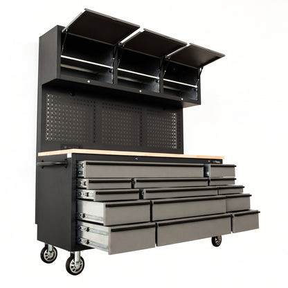 Overhead Pro 72" Rolling Tool Chest | 79" Tall | 24" Deep | 14 Drawers | Overheads | Pegboard & Power Strip