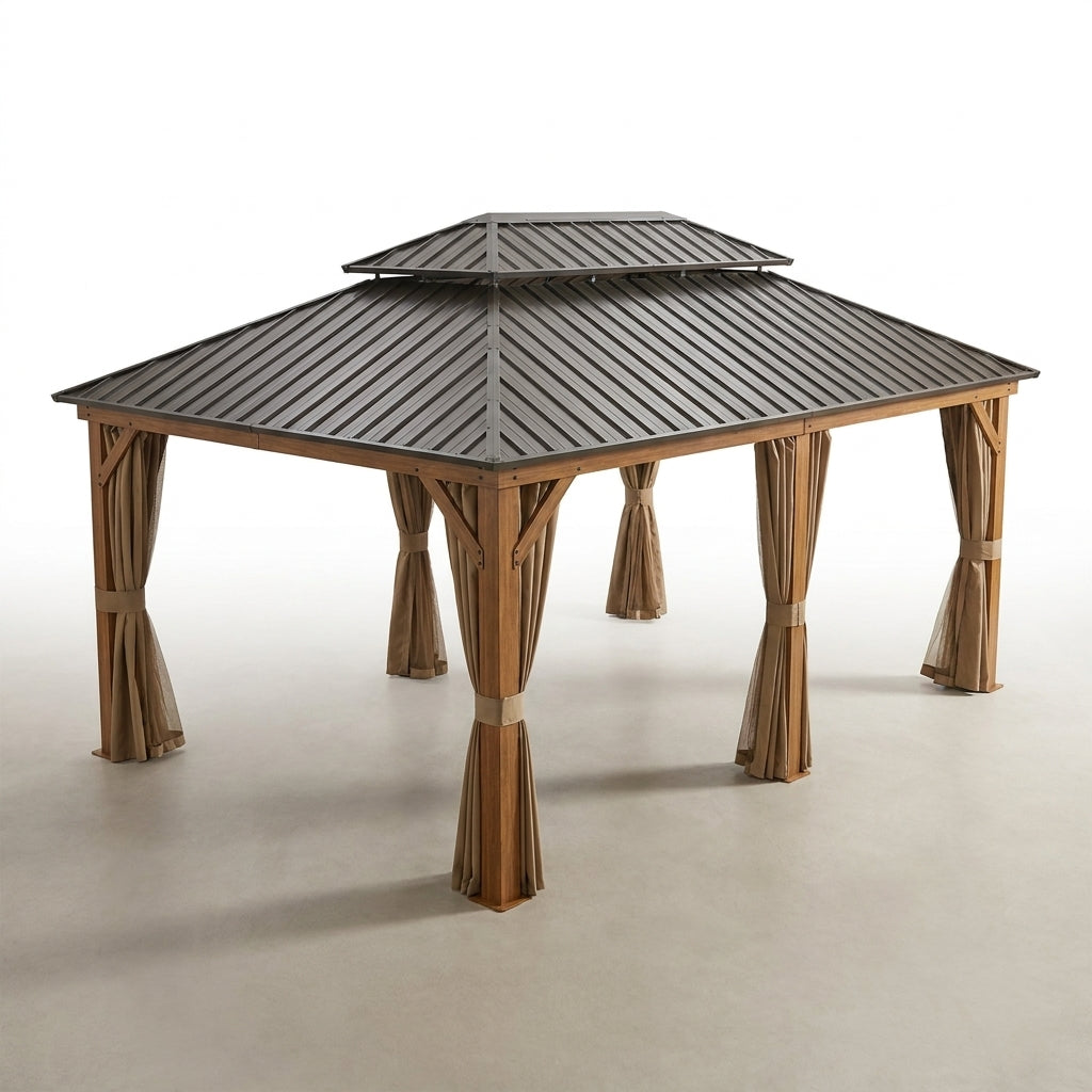 Outdoor Hardtop Gazebo Built for Year-Round Use, 14x22 Ft Steel Roof, Aluminum Frame, Sliding Curtains — Studio Shot