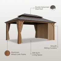 Outdoor Hardtop Gazebo Built for Year-Round Use, 14x22 Ft Steel Roof, Aluminum Frame, Sliding Curtains — infographic