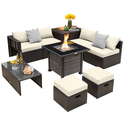 Outdoor 9 Pieces Patio Furniture Set with 50 000 BTU Propane Fire Pit Table