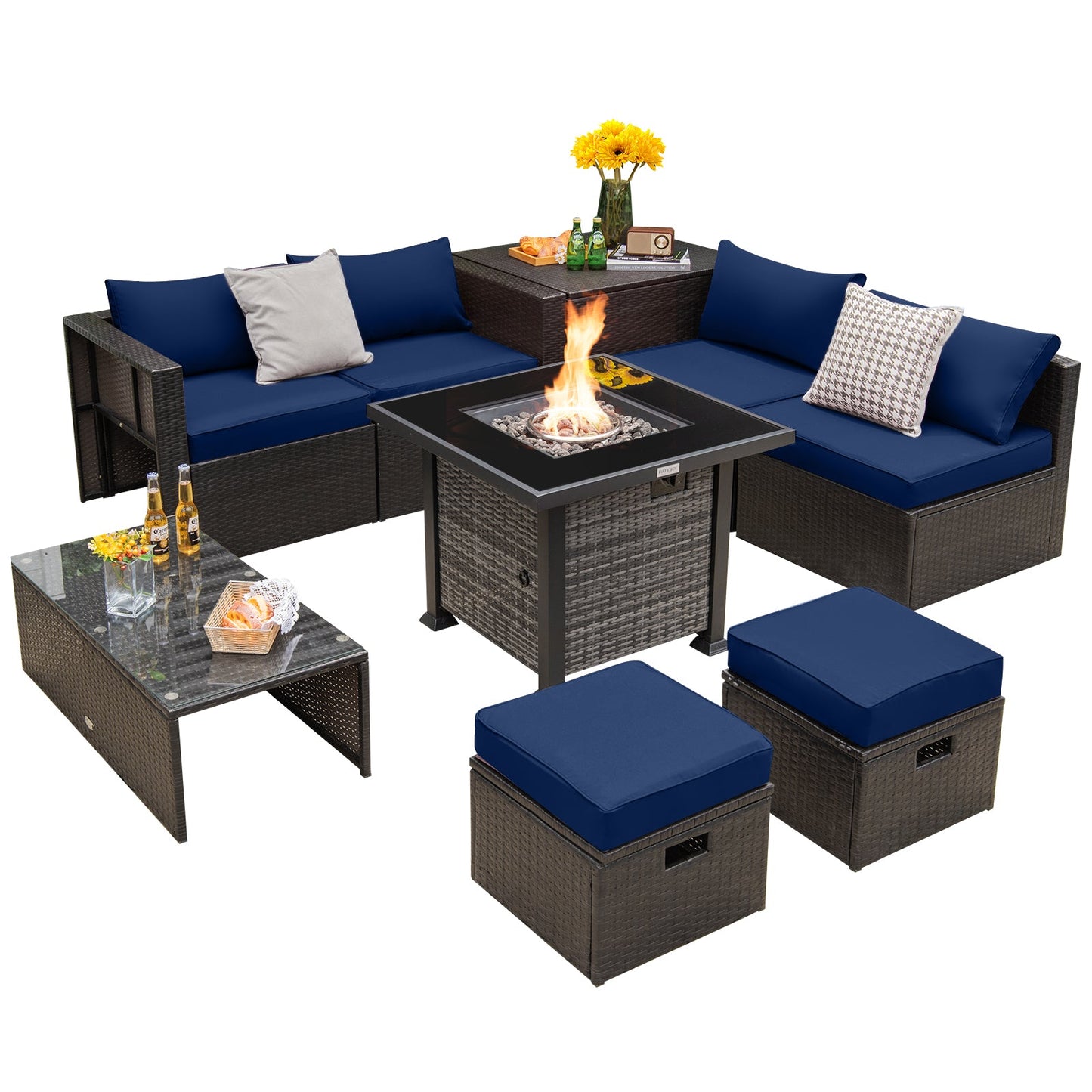 Outdoor 9 Pieces Patio Furniture Set with 50 000 BTU Propane Fire Pit Table