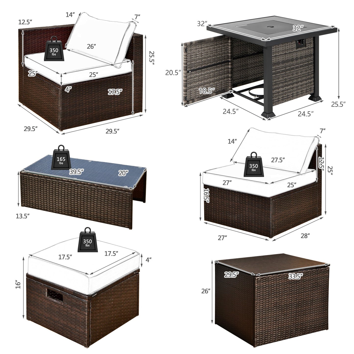 Outdoor 9 Pieces Patio Furniture Set with 50 000 BTU Propane Fire Pit Table