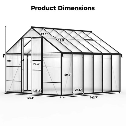 10x12 FT Greenhouse for Outdoors, Polycarbonate Greenhouse with Roof