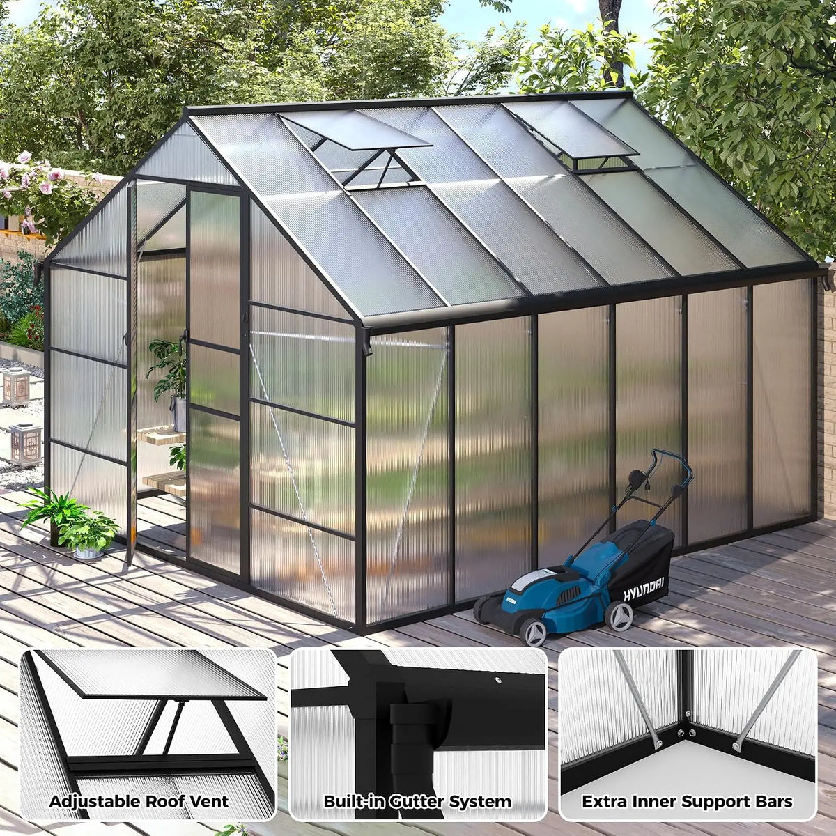 10x12 FT Greenhouse for Outdoors, Polycarbonate Greenhouse with Roof