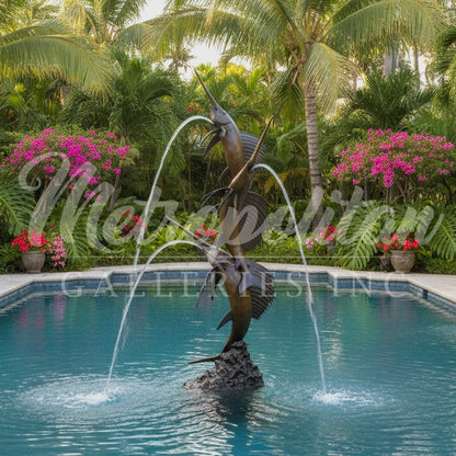 Swimming Sailfish Trio Fountain Bronze Statue