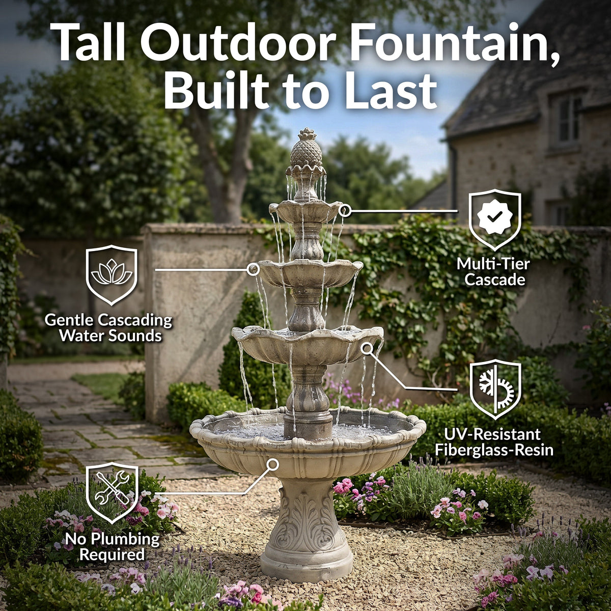 Sunnydaze 4-Tier Grand Courtyard Outdoor Water Fountain - 80" H