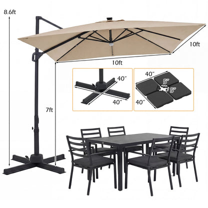 10 FT Cantilever Patio Umbrella with Solar LED Lights & Base