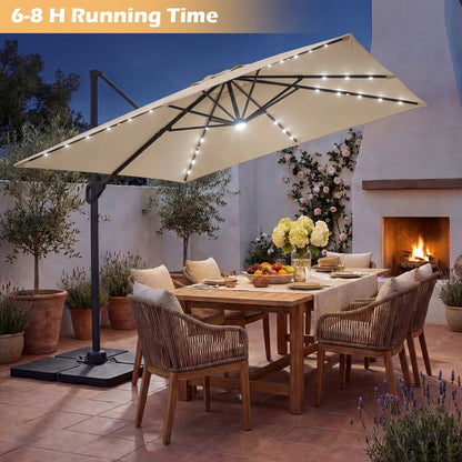 10 FT Cantilever Patio Umbrella with Solar LED Lights & Base