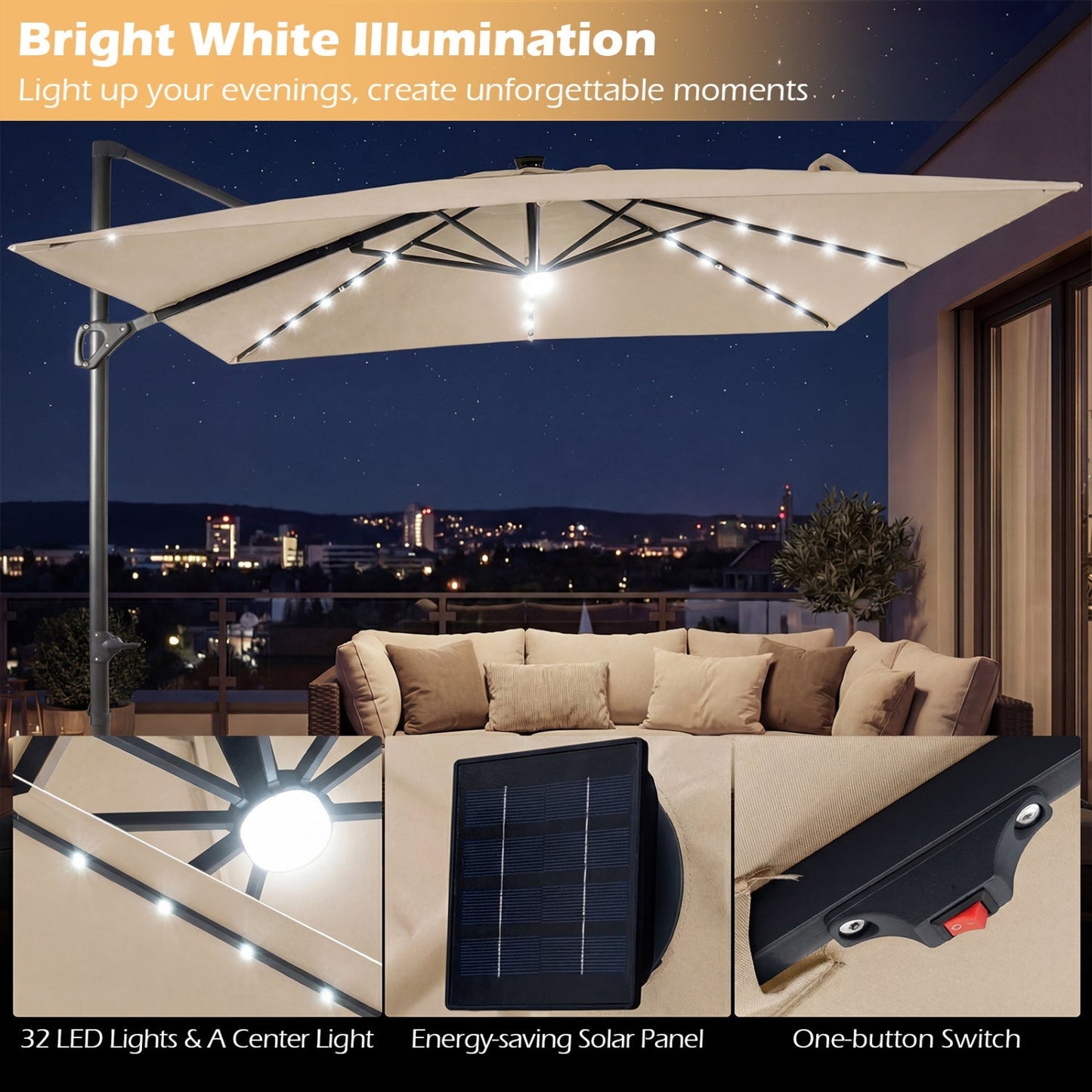 10 FT Cantilever Patio Umbrella with Solar LED Lights & Base
