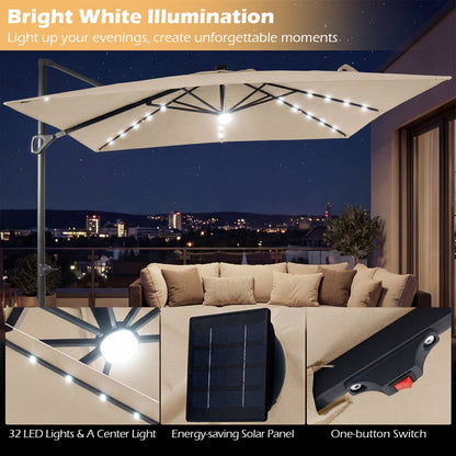 10 FT Cantilever Patio Umbrella with Solar LED Lights & Base