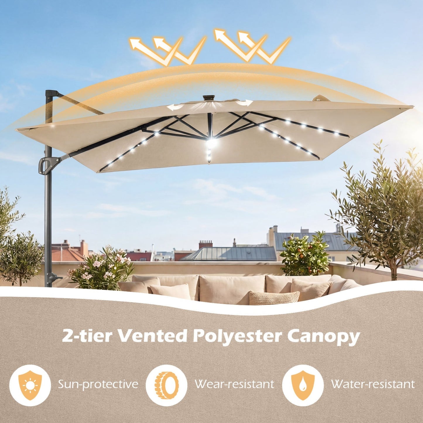 10 FT Cantilever Patio Umbrella with Solar LED Lights & Base
