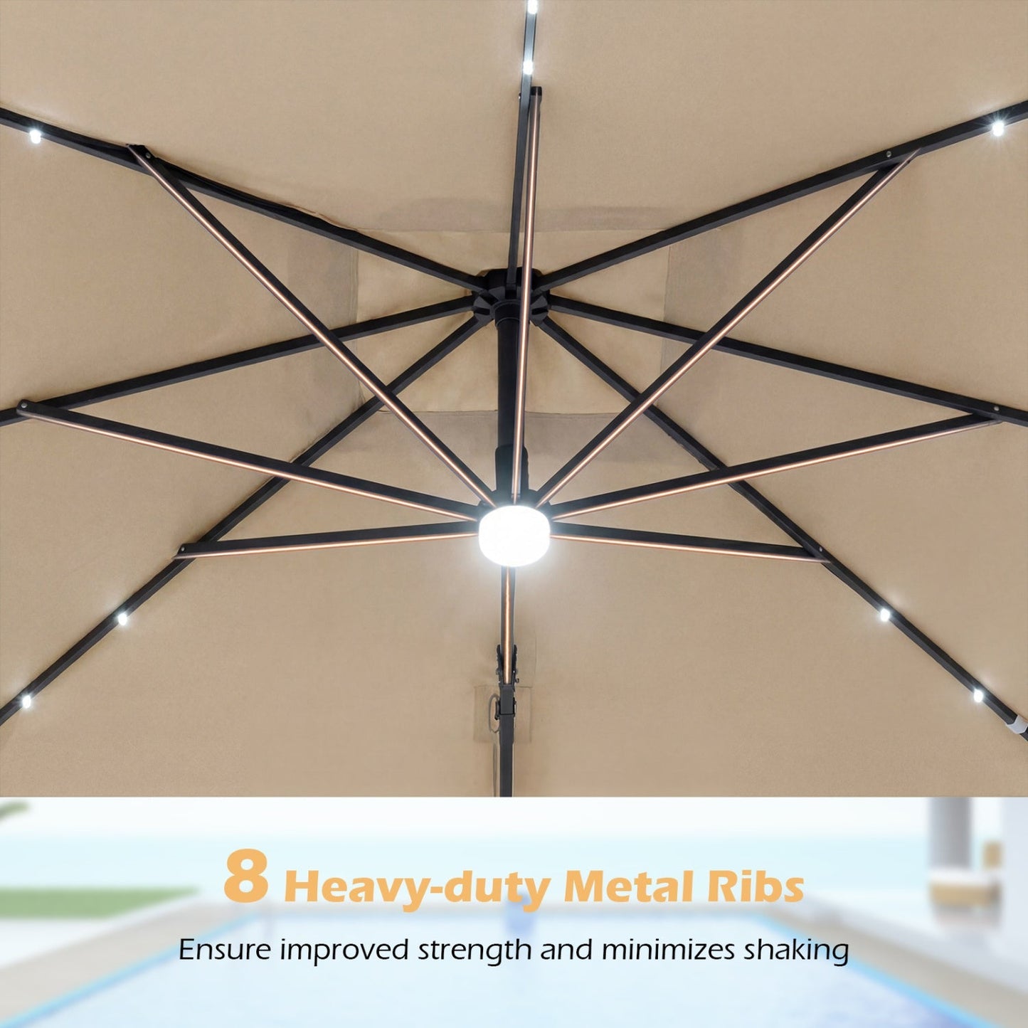 10 FT Cantilever Patio Umbrella with Solar LED Lights & Base