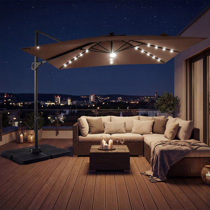 10 FT Cantilever Patio Umbrella with Solar LED Lights & Base