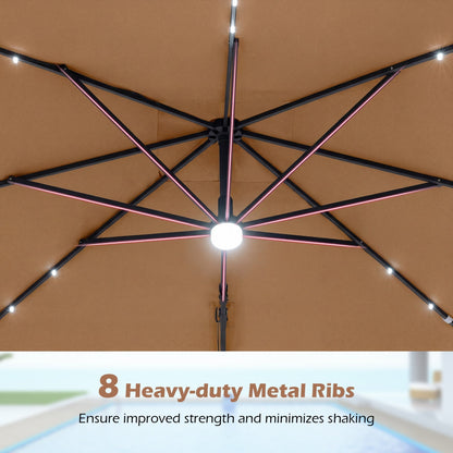 10 FT Cantilever Patio Umbrella with Solar LED Lights & Base