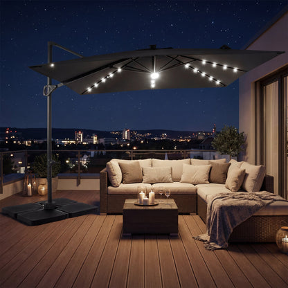 10 FT Cantilever Patio Umbrella with Solar LED Lights & Base