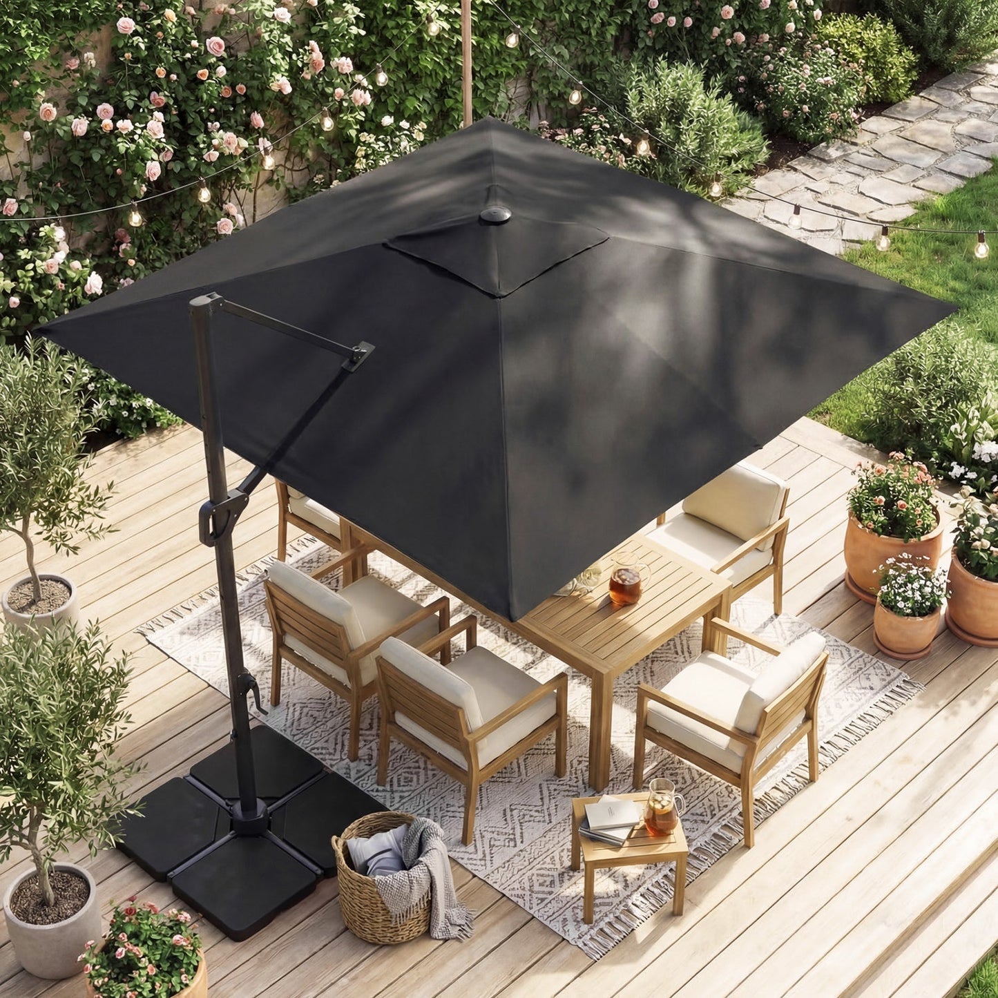 10 FT Cantilever Patio Umbrella with Solar LED Lights & Base