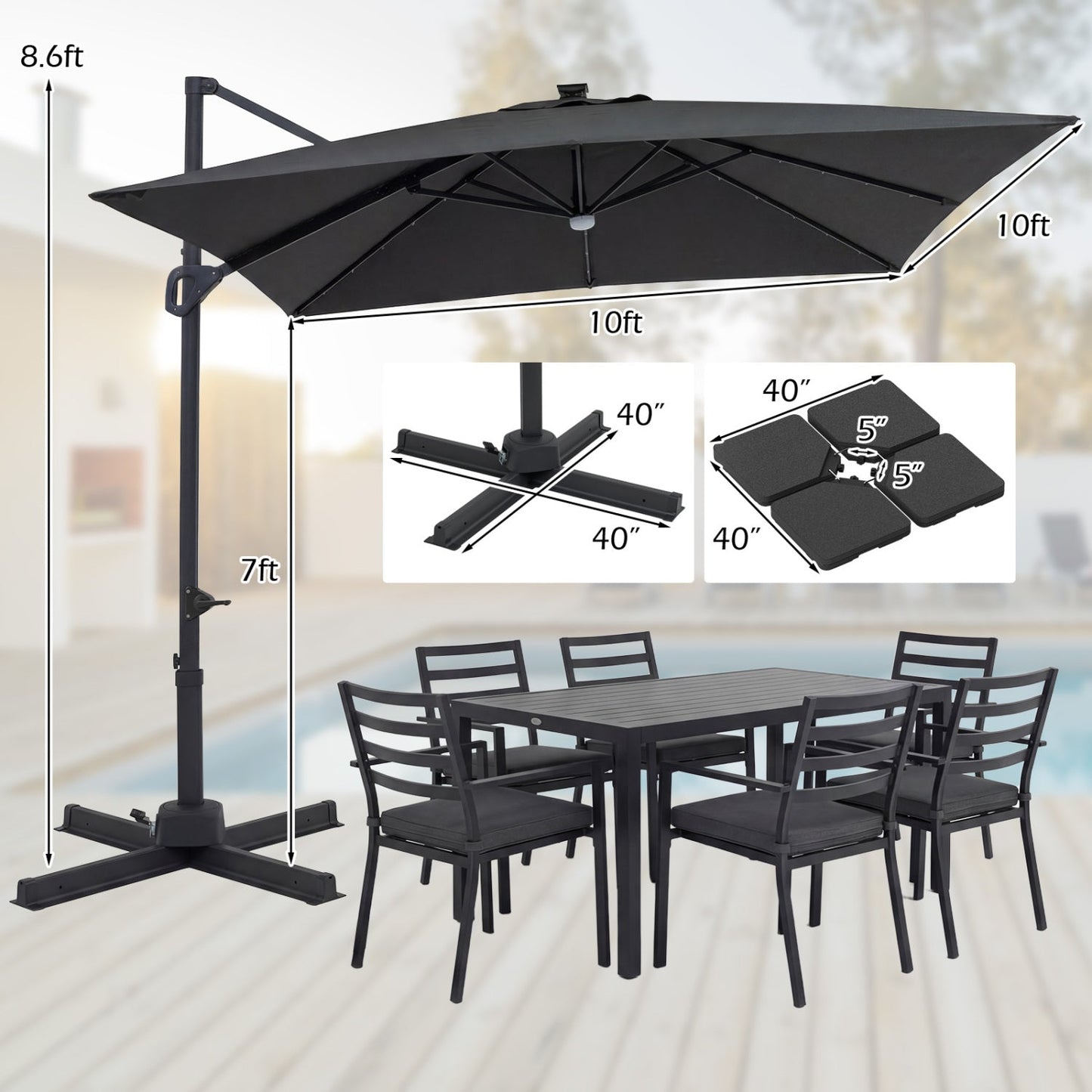 10 FT Cantilever Patio Umbrella with Solar LED Lights & Base