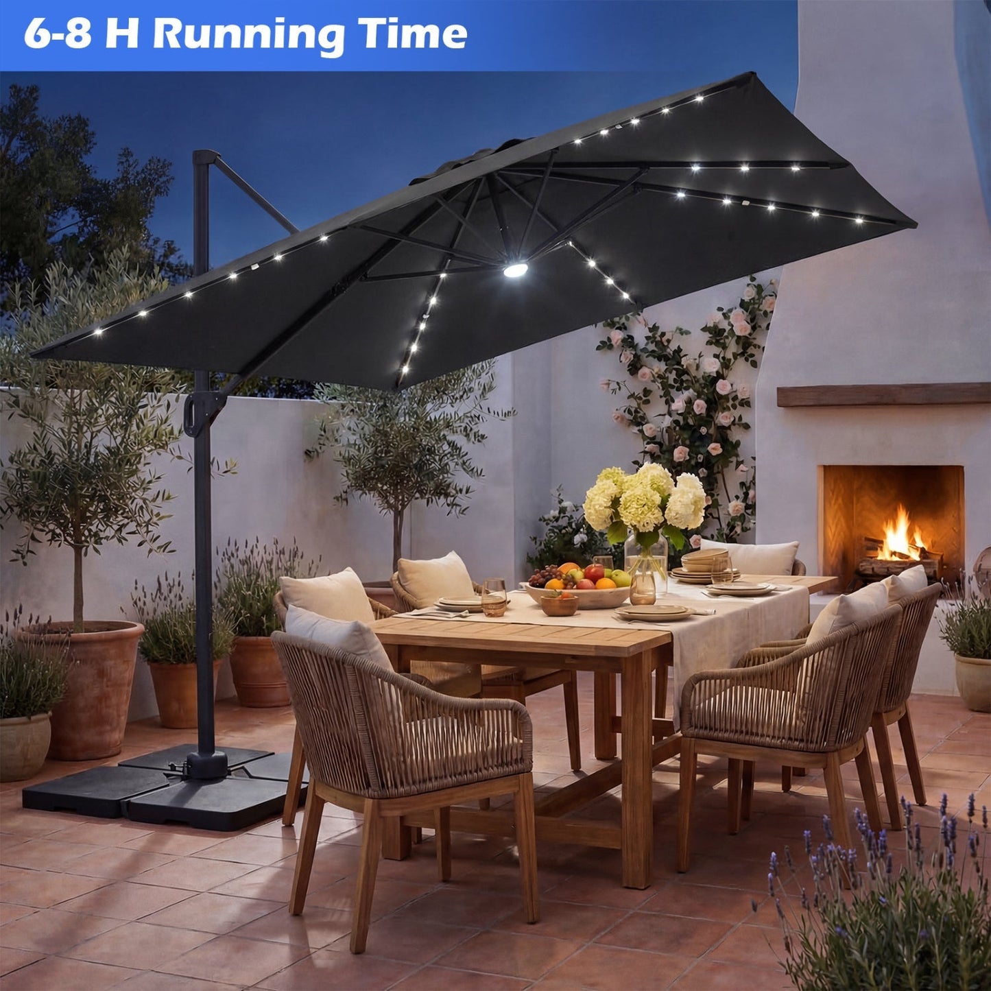 10 FT Cantilever Patio Umbrella with Solar LED Lights & Base