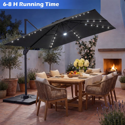 10 FT Cantilever Patio Umbrella with Solar LED Lights & Base