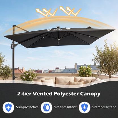 10 FT Cantilever Patio Umbrella with Solar LED Lights & Base