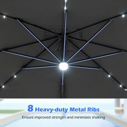 10 FT Cantilever Patio Umbrella with Solar LED Lights & Base