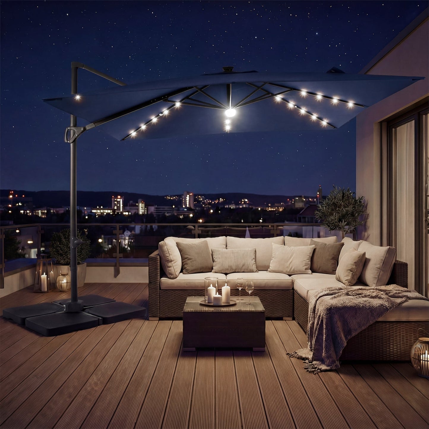 10 FT Cantilever Patio Umbrella with Solar LED Lights & Base