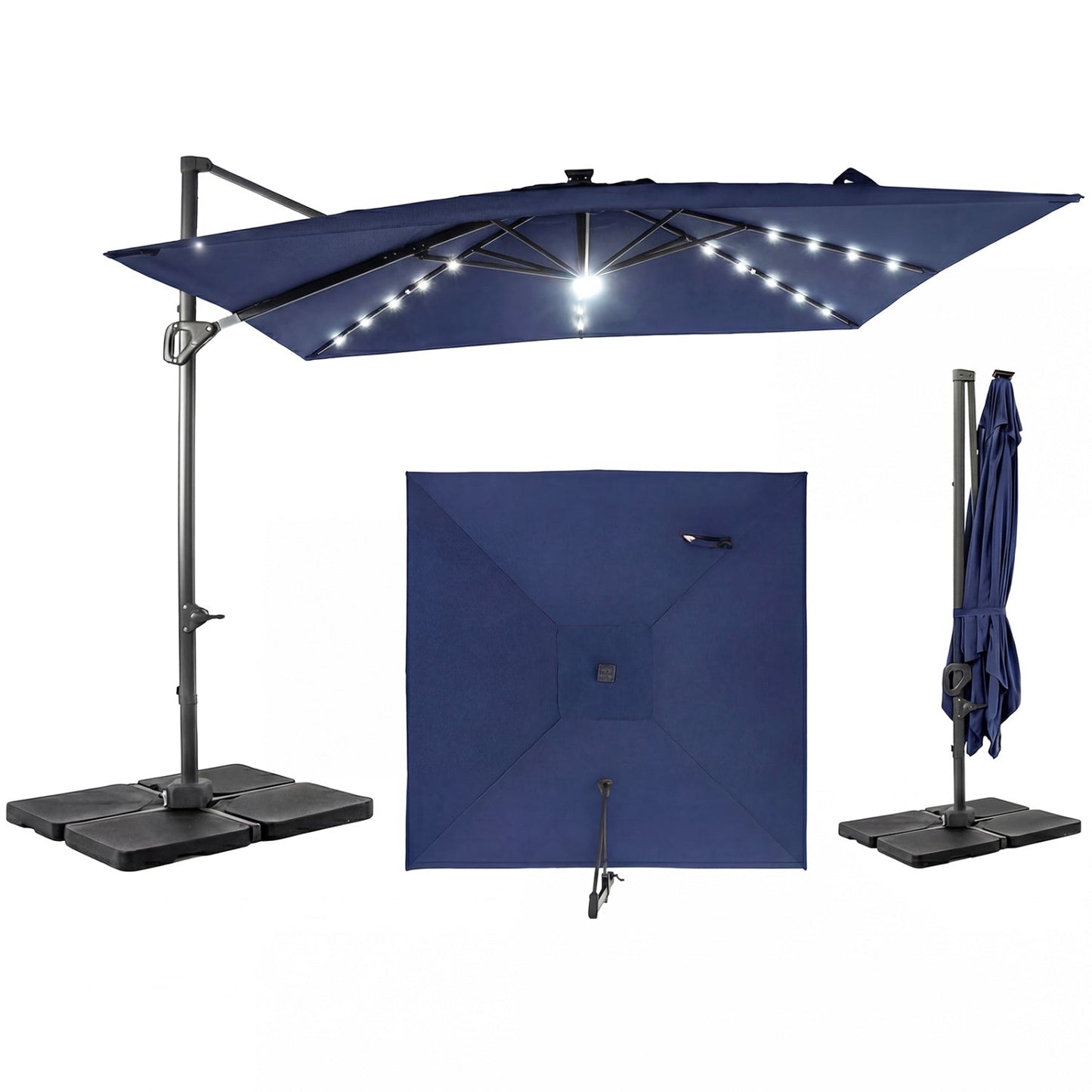 10 FT Cantilever Patio Umbrella with Solar LED Lights & Base