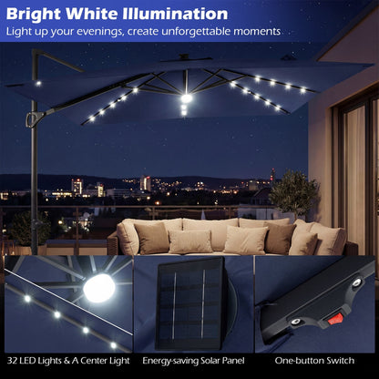 10 FT Cantilever Patio Umbrella with Solar LED Lights & Base
