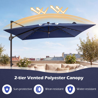 10 FT Cantilever Patio Umbrella with Solar LED Lights & Base